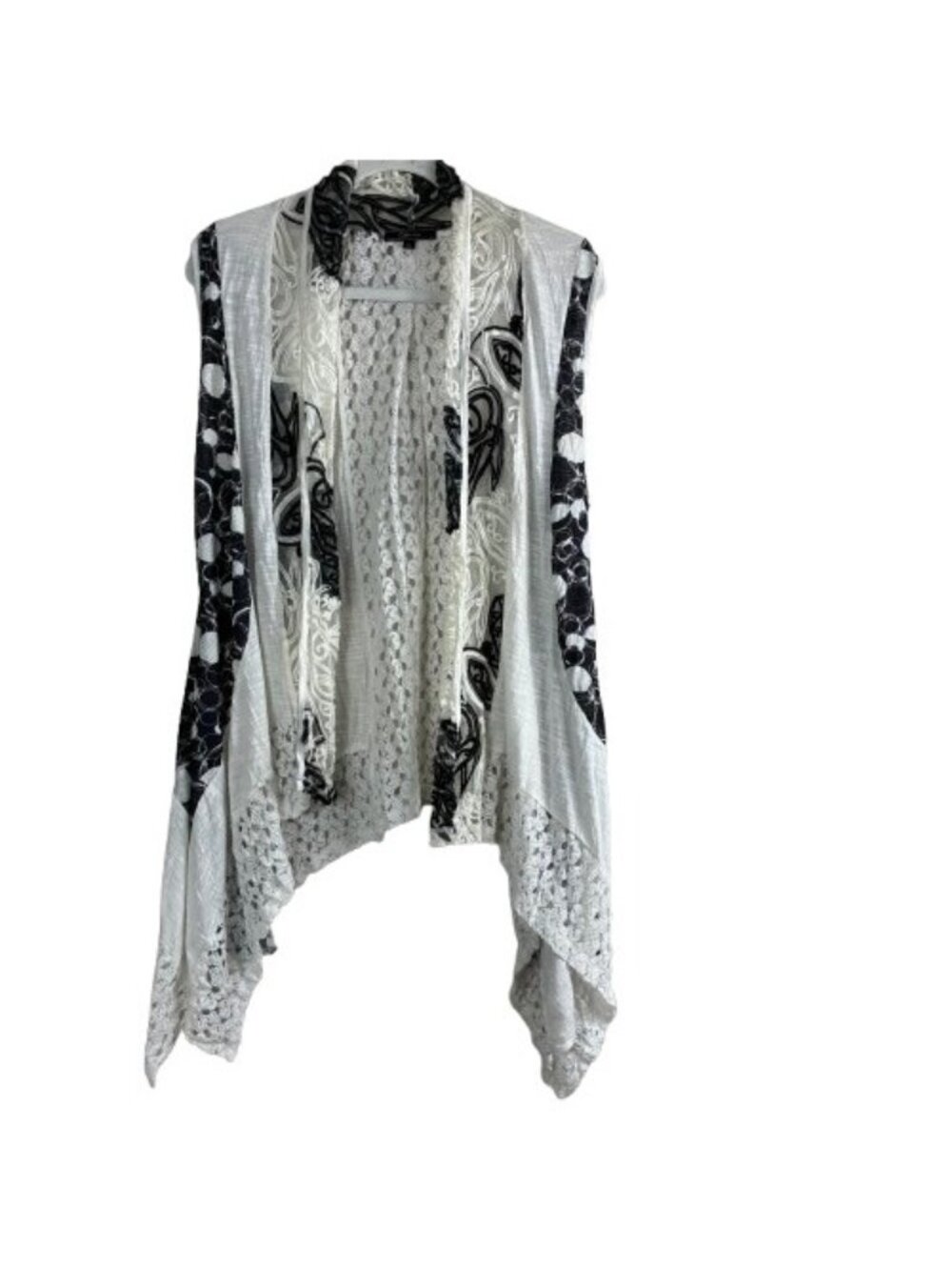 Cativa Mixed Media Crochet Boho Cardigan Black WhiteSz XL Art Lagenlook